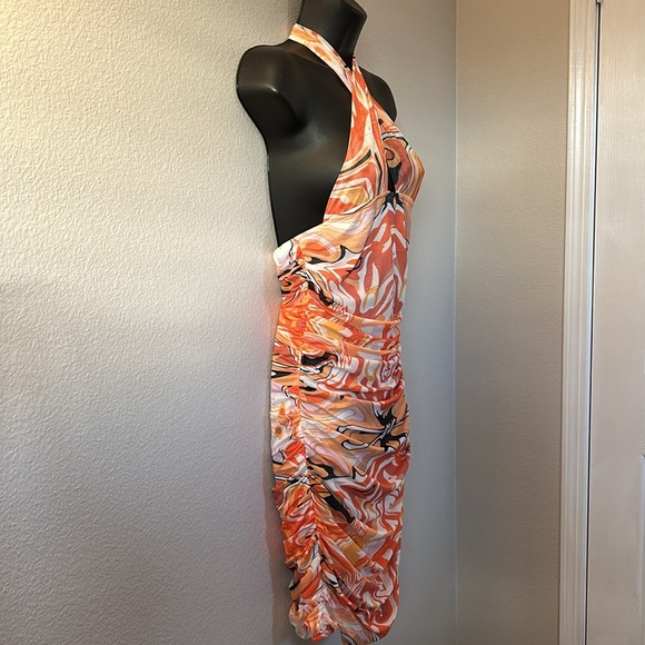 Princess Polly Viviana 70s Mod Swirly Print Cutout Halter Ruched Mini Dress - Picture 7 of 12